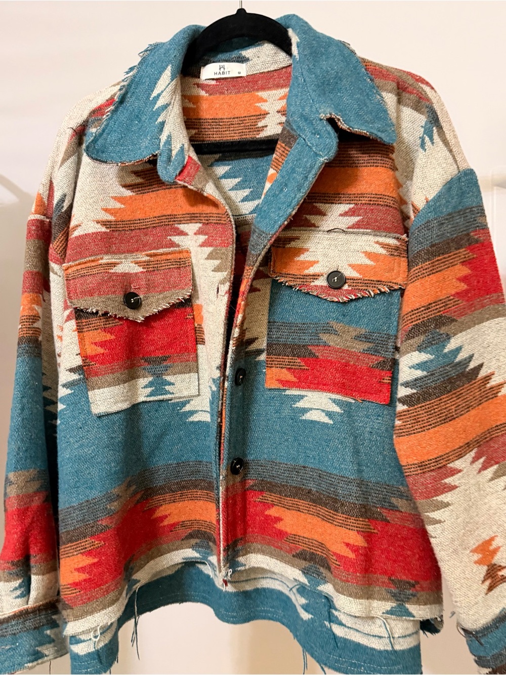 Habit Aztec-Print Jean Shacket in Teal, Orange & Red